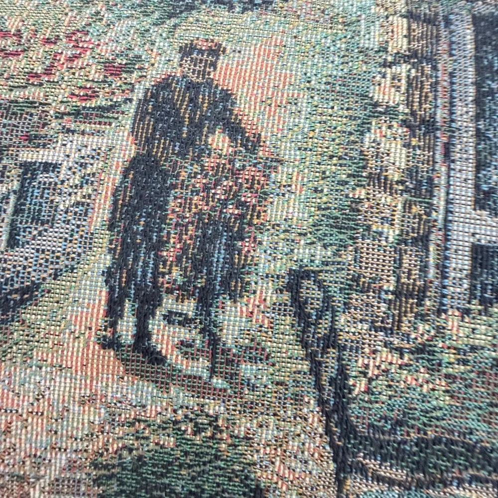 Vintage Woven Tapestry Lumbar Pillow European Cafe Scene Green Fringe 22x12
